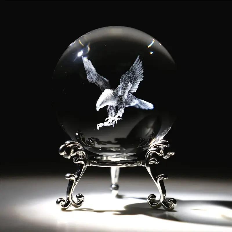 Eagle Design Crystal Ball, 1 Count 3D Laser Engraved Glass Ball with Holder, Decorative Ornament for Home Office Desk, Home Decor Supplies