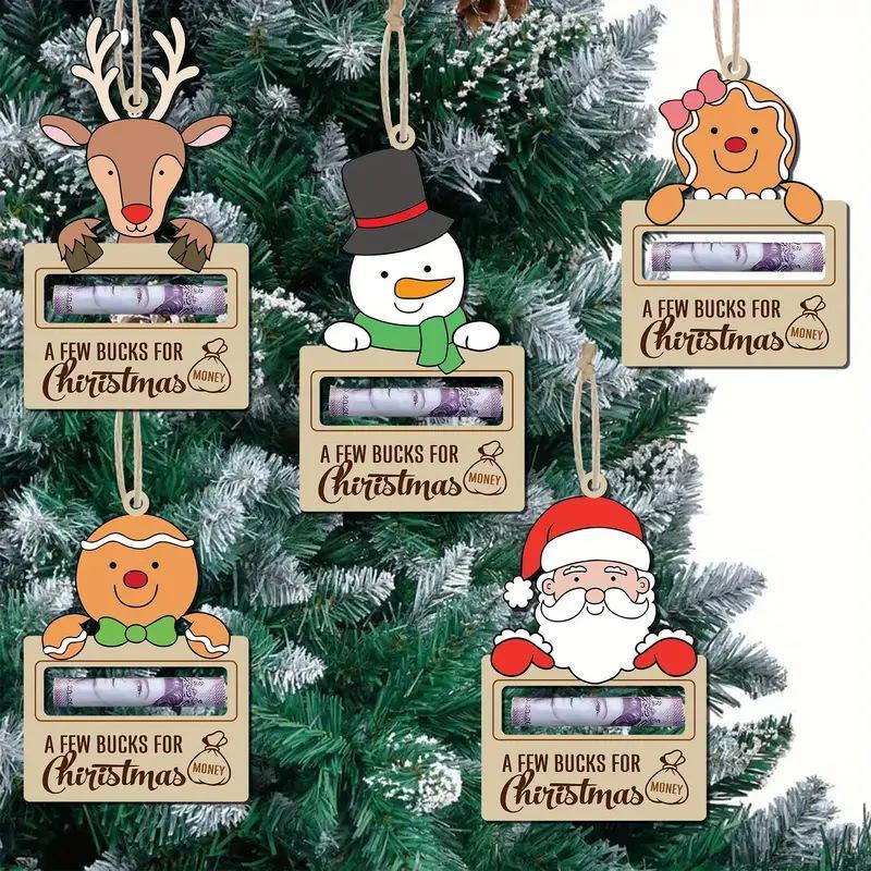 Wooden Christmas Money Holder, 1 Count 5 Counts Cute Cartoon Christmas Tree Hanging Decorations for Money Holder, Festive & Party Supplies for Home & Office Decor