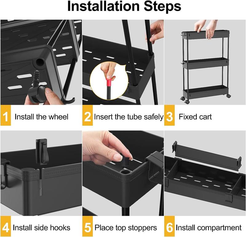 4 Tier Slim Storage Cart, Storage Organizer Rolling Utility  Mobile Shelving Unit Slide Out Storage Cart for Office, Bathroom, Kitchen, Laundry Room & Narrow Places， Black