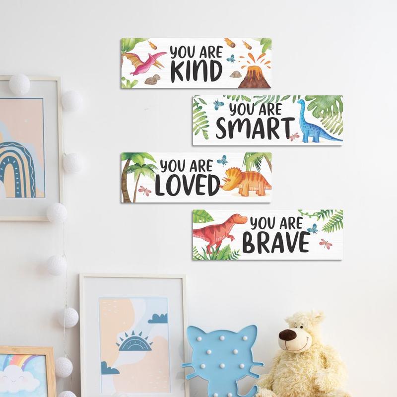 Inspirational Dinosaur Pattern Wooden Sign, 4pcs set Cute Wall Art Decor, Wall Hanging Plaque for Home Children's Room Bedroom Kindergarten