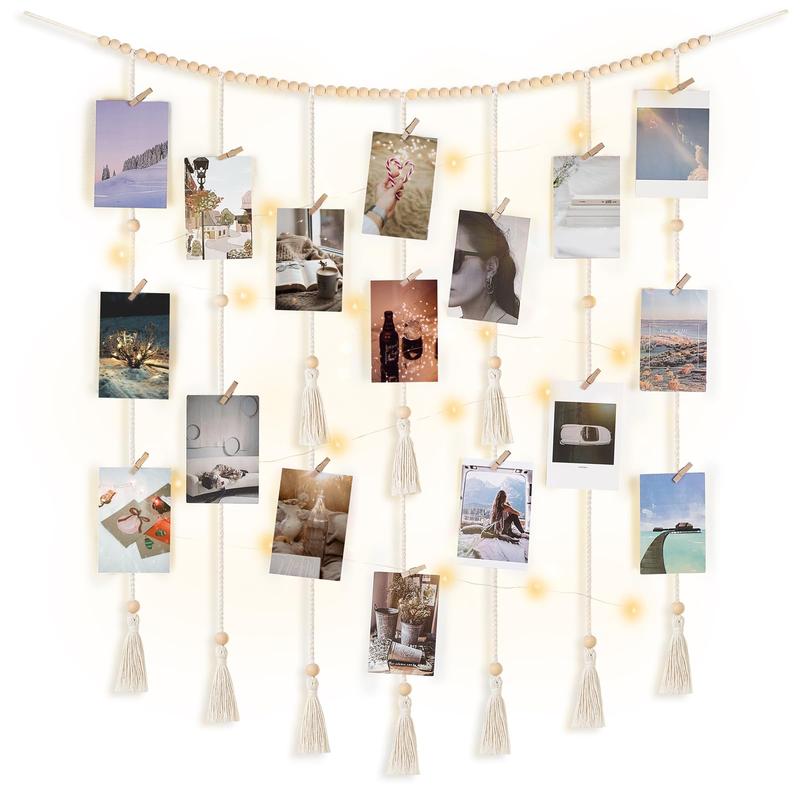 Hanging Photo Display Wall Decor with String Lights Boho Room Bedroom Wooden Beads Garland Picture Holder with 30 Clips for Living Room, Nursery, Teenage Teen Girl Gifts