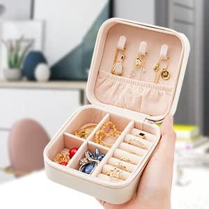 Portable Travel Mini Jewelry Box Leather Jewellery Ring Organizer Case Storage Gift Box Women (white).