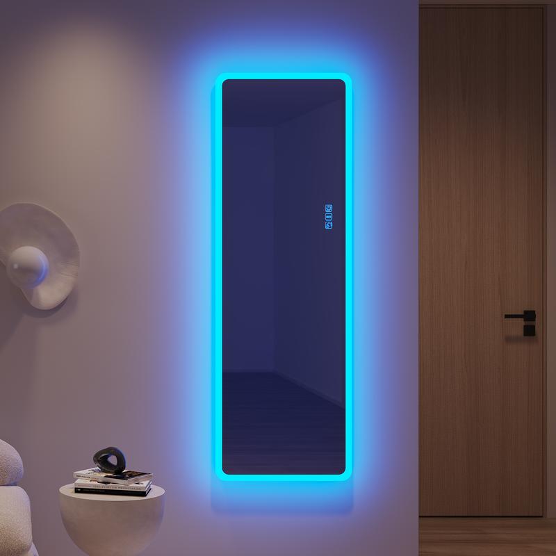 Full Length Mirror with LED Lights, RGB Full Body Mirror, Wall Mounted Lighted Mirror, Over The Door Hanging Mirror, 14 LED Light + Dimmable Brightness + Adjustable Speed, 47