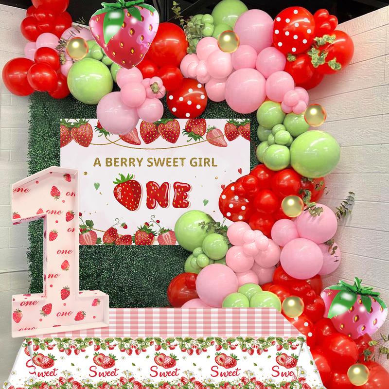 205Pcs Strawberry Balloon Garland Arch Kit - Vibrant Berry Themed 1st Birthday Party Decorations with Strawberry Print Marquee Numbers, Large Backdrop, and Tablecloth - Complete Set for Girls Special Day Celebration