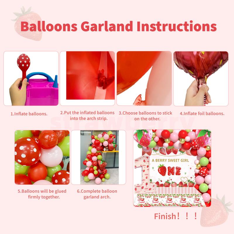 205Pcs Strawberry Balloon Garland Arch Kit - Vibrant Berry Themed 1st Birthday Party Decorations with Strawberry Print Marquee Numbers, Large Backdrop, and Tablecloth - Complete Set for Girls Special Day Celebration