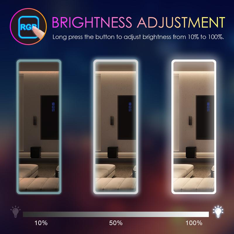 Full Length Mirror with LED Lights, RGB Full Body Mirror, Wall Mounted Lighted Mirror, Over The Door Hanging Mirror, 14 LED Light + Dimmable Brightness + Adjustable Speed, 47