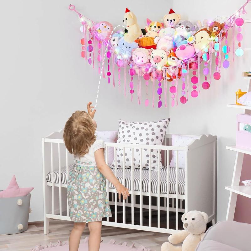 Stuffed  Hammock Net  Storage Organizer with LED Light, Stuffed  Storage Girls Room Decor Wall Hanging with Sequins for  Bedroom  Playroom, Light Pink