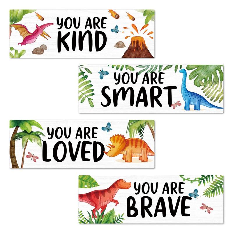 Inspirational Dinosaur Pattern Wooden Sign, 4pcs set Cute Wall Art Decor, Wall Hanging Plaque for Home Children's Room Bedroom Kindergarten