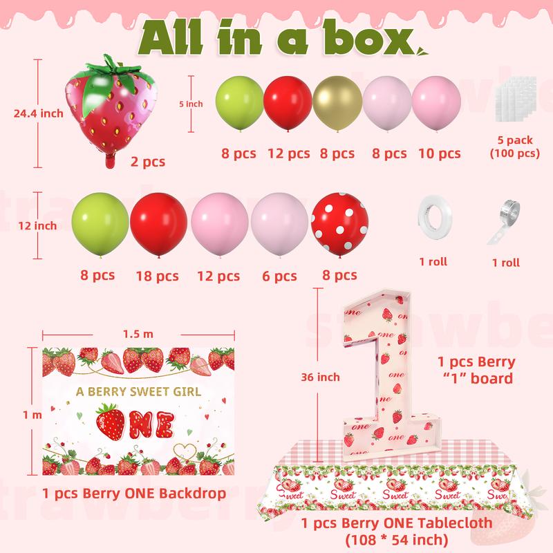 205Pcs Strawberry Balloon Garland Arch Kit - Vibrant Berry Themed 1st Birthday Party Decorations with Strawberry Print Marquee Numbers, Large Backdrop, and Tablecloth - Complete Set for Girls Special Day Celebration