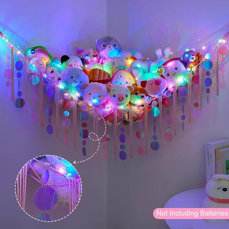 Stuffed  Hammock Net  Storage Organizer with LED Light, Stuffed  Storage Girls Room Decor Wall Hanging with Sequins for  Bedroom  Playroom, Light Pink