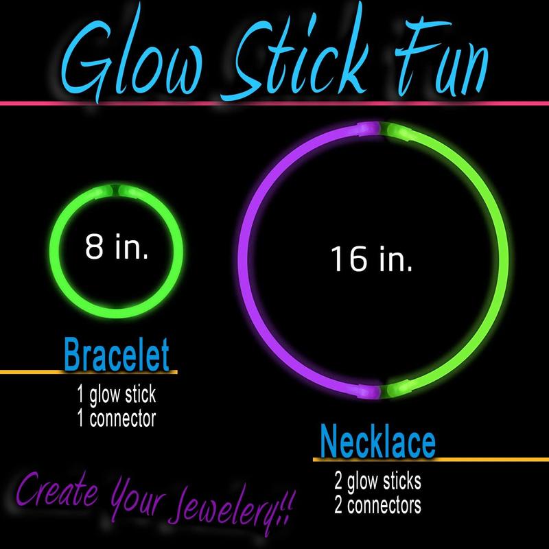 210 count Colorful Glow Sticks Party Pack - 100 8' Glow Sticks, 100 Connectors, Fun Accessories - Party Supplies - Glow The Dark Glowing Sticks Fun Party Pack with 8