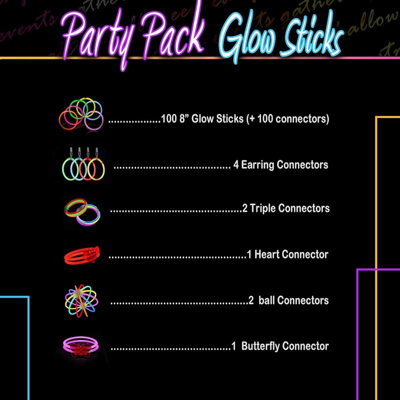 210 count Colorful Glow Sticks Party Pack - 100 8' Glow Sticks, 100 Connectors, Fun Accessories - Party Supplies - Glow The Dark Glowing Sticks Fun Party Pack with 8