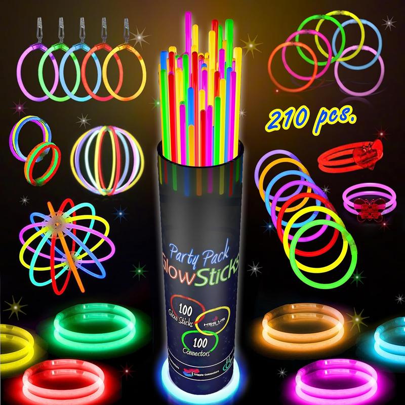 210 count Colorful Glow Sticks Party Pack - 100 8' Glow Sticks, 100 Connectors, Fun Accessories - Party Supplies - Glow The Dark Glowing Sticks Fun Party Pack with 8