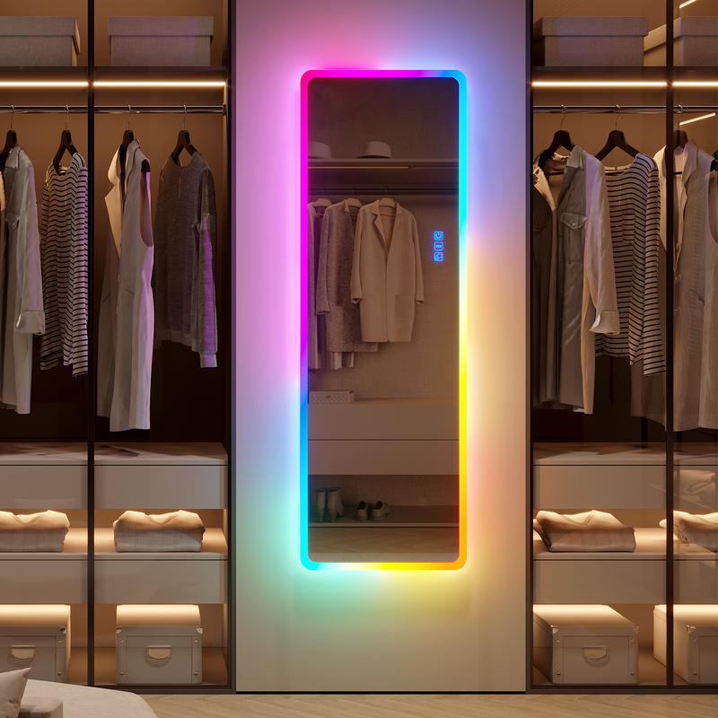 Full Length Mirror with LED Lights, RGB Full Body Mirror, Wall Mounted Lighted Mirror, Over The Door Hanging Mirror, 14 LED Light + Dimmable Brightness + Adjustable Speed, 47