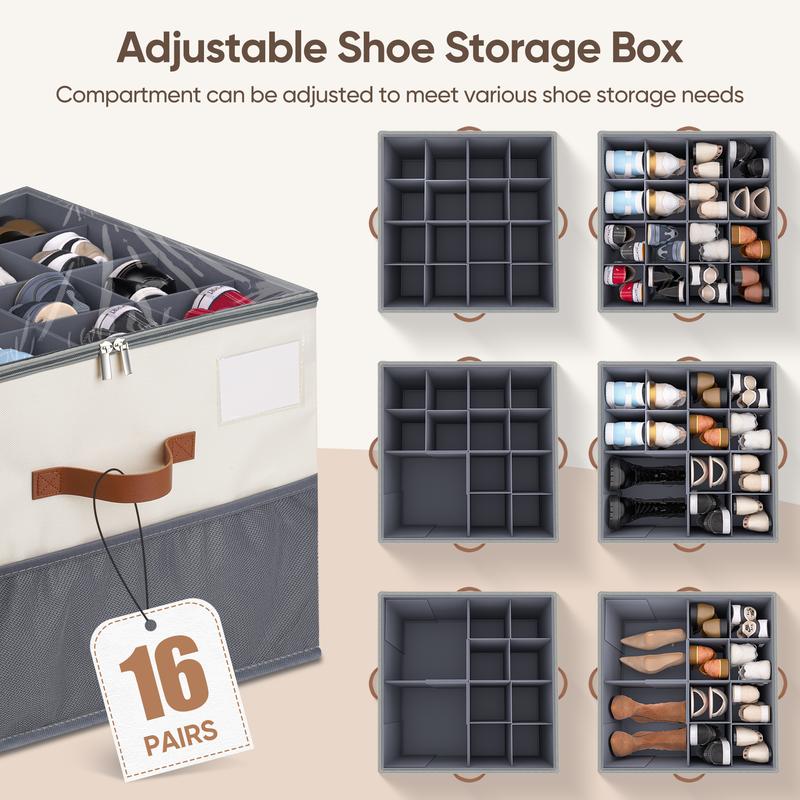 Shoe Organizer for Closet,  1 Pack Shoe Storage Container with Adjustable Dividers, Space Saving Shoe Box Storage Organizer Bin with Clear Lid and 4 Reinforced Handles, Fits 16 Pairs, Beige