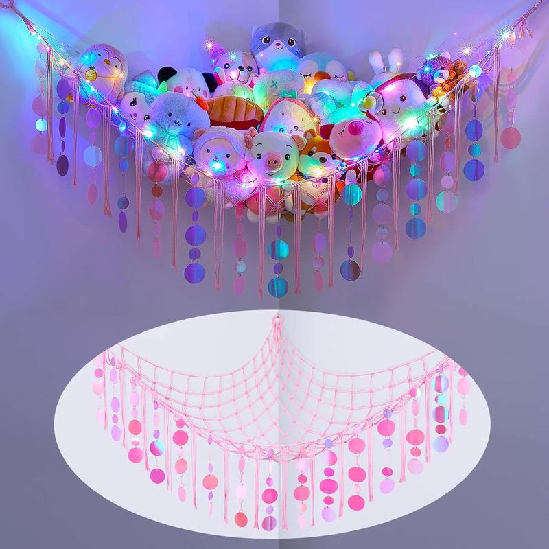 Stuffed  Hammock Net  Storage Organizer with LED Light, Stuffed  Storage Girls Room Decor Wall Hanging with Sequins for  Bedroom  Playroom, Light Pink