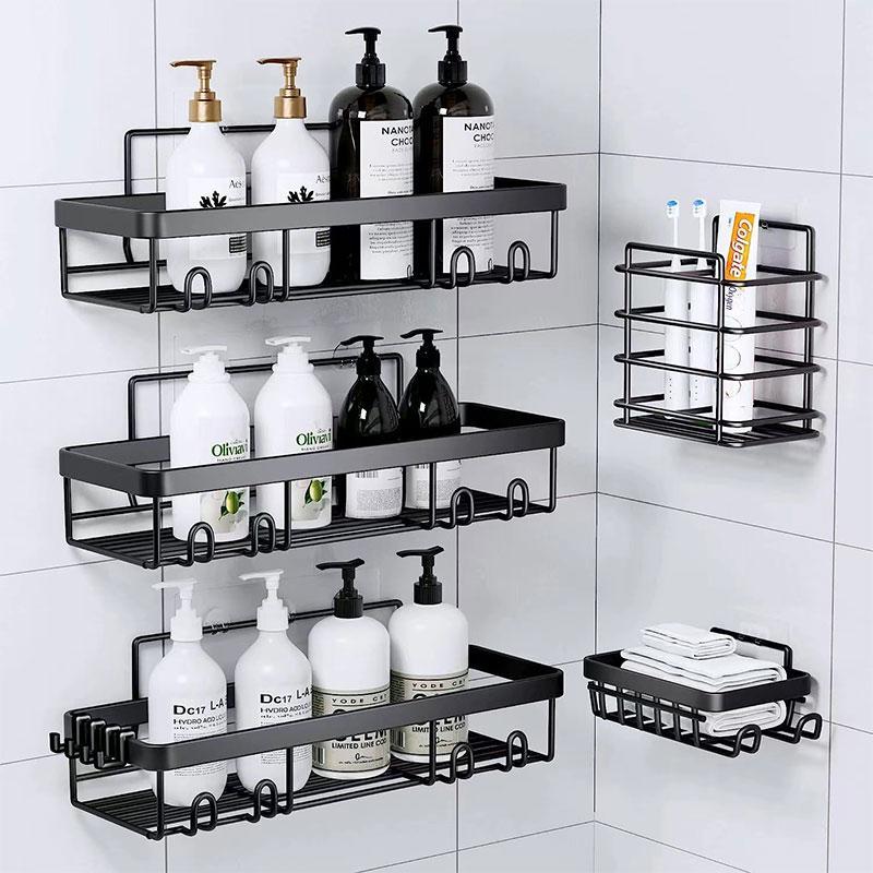 Bathroom Accessories Storage Rack Set, 5 Counts set Wall Mounted Shower Shelf, Punch Free Storage Organizer for Home Bathroom