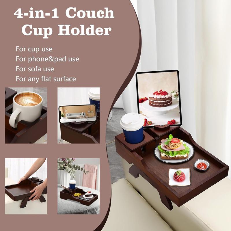 Couch Cup Holder, 4-in-1 Side Couch Arm Tray with Phone&Pad Holder, Sofa Clip on Side Table for Wide Couches Arm, Suitable for Home Drinks Remote Snacks