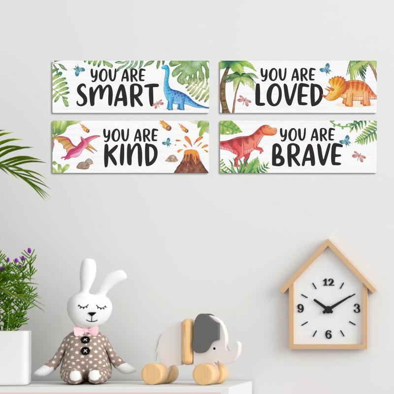 Inspirational Dinosaur Pattern Wooden Sign, 4pcs set Cute Wall Art Decor, Wall Hanging Plaque for Home Children's Room Bedroom Kindergarten