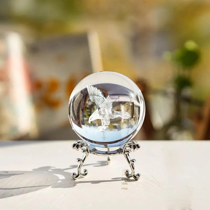 Eagle Design Crystal Ball, 1 Count 3D Laser Engraved Glass Ball with Holder, Decorative Ornament for Home Office Desk, Home Decor Supplies