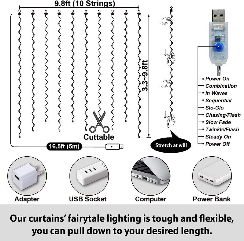 HXWEIYE 300LED Fairy Curtain Lights, USB Plug in 8 Modes Christmas Fairy String Hanging Lights with Remote Controller for Bedroom, Indoor, Outdoor, Weddings, Party, Decorations