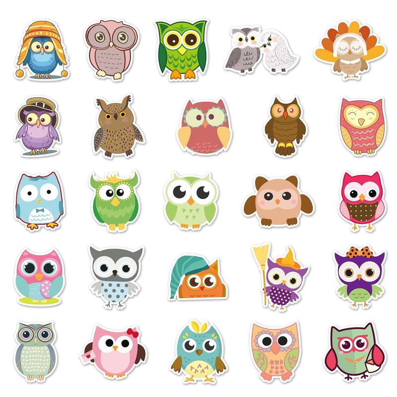 50pcs Cartoon Owl Pattern Sticker, Waterproof Cartoon Sticker, Decoration Sticker For Phone Case, Computer, Guitar, Bag, Water Cup, Scrapbook