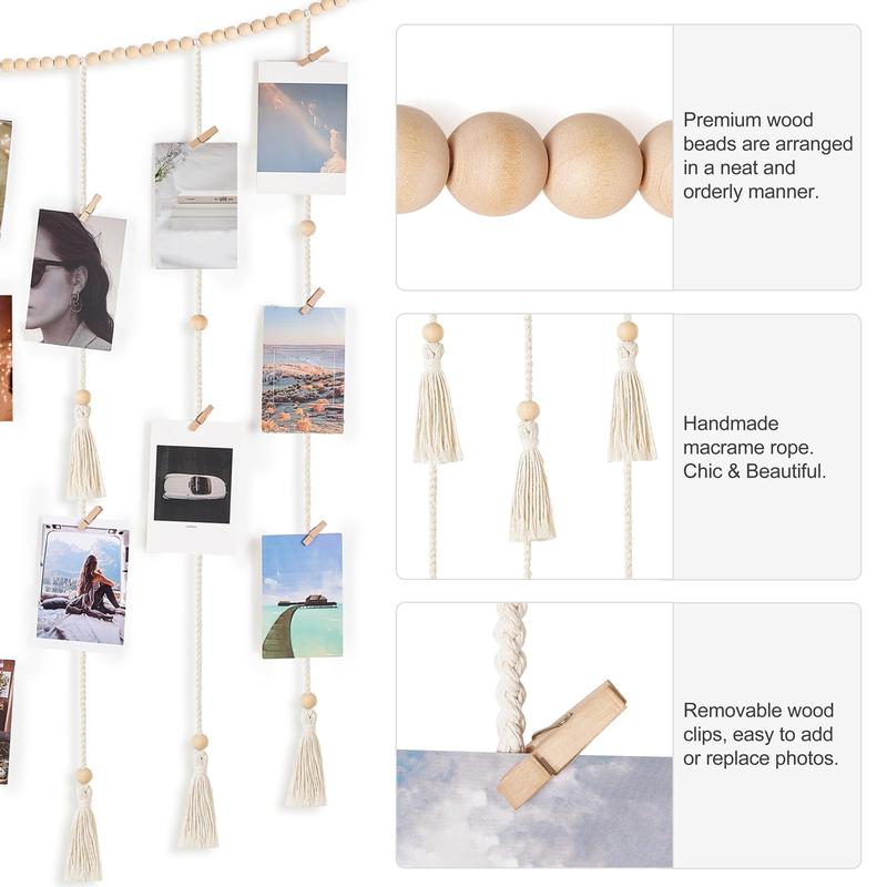 Hanging Photo Display Wall Decor with String Lights Boho Room Bedroom Wooden Beads Garland Picture Holder with 30 Clips for Living Room, Nursery, Teenage Teen Girl Gifts