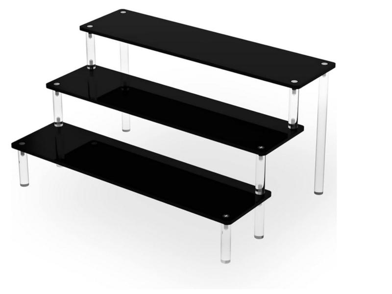 Black Acrylic Shelf Riser - 3 Tier Perfume Organizer Cologne Display Stand - Large Cupcake Stand Shelf for Desserts Holder Collection Cosmetic Products Tabletop Use bathroom storage