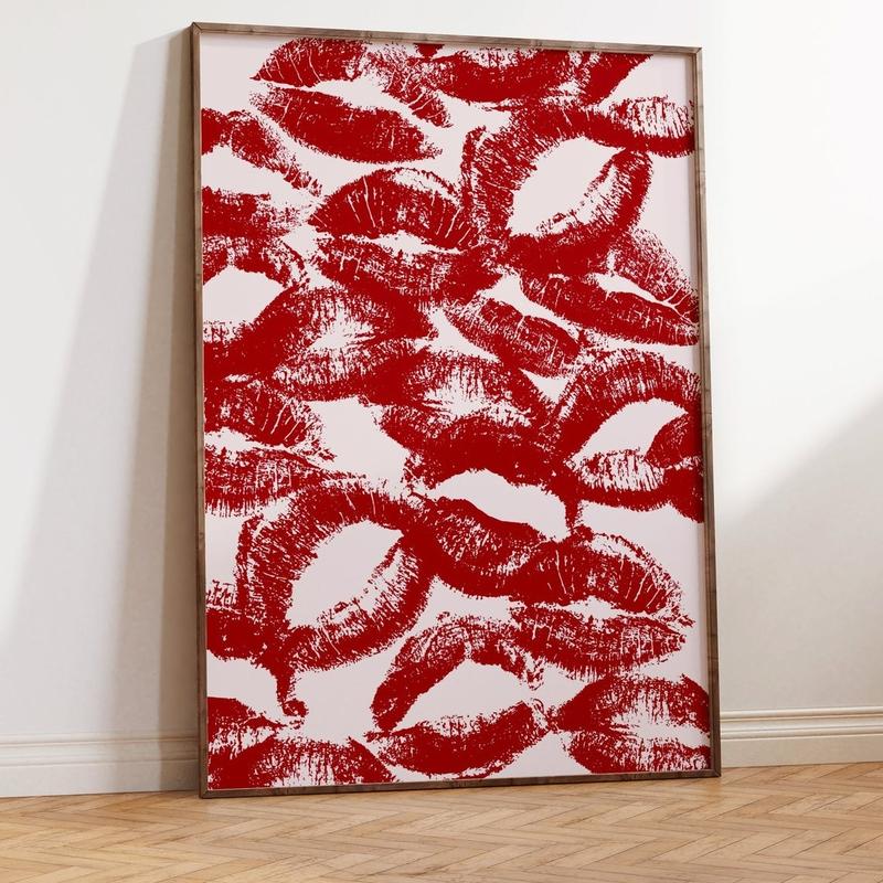 Trendy lipstick kisses print, funky Wall Art, Red mouth kisses poster, Modern French kiss print Decor Decoration