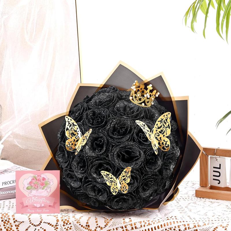 Black Glitter Roses Bouquet, Fake Flowers Bouquet, Everlasting Shiny Artificial Rose Bouquet  Decor Decorative Fruit Plants