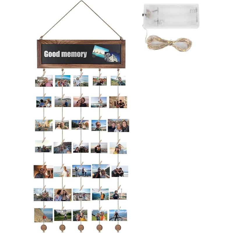 Hanging Photo Display,Picture Cards Frames Collage Wall Decor Clip Holder, Family Picture Frame, Wall Art Hanger for Birthday Party Room Bedroom School Office Dorm with 30 Clips and String Light