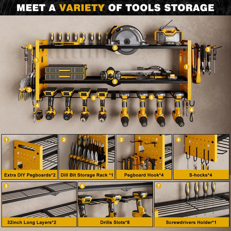 Power Tool Organizer Wall,Cordless Drill Hanger Storage Rack 8 Drill Holder,3 Layers Heavy Duty Tool Storage Rack,Adjustable Shelf Garage Hangable