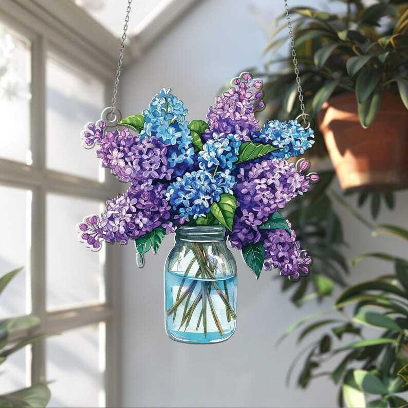 Lilac Bouquet Acrylic Window hanging, Gift For Lilac lovers, Purple lilac, kitchen decoration, gift for grandma, purple flowers Window Decor