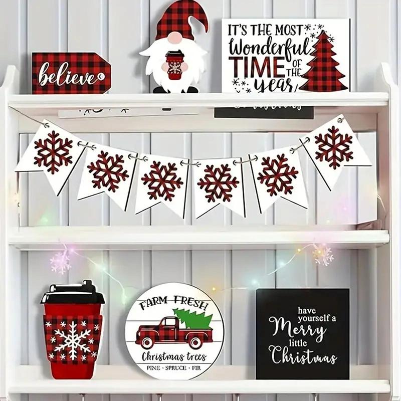 Merry Christmas Themed Wooden Tiered Tray Decoration Set without Tray, 1 Set Holiday & Winter Home Decor Tabletop Ornaments, Home Decor for Parties