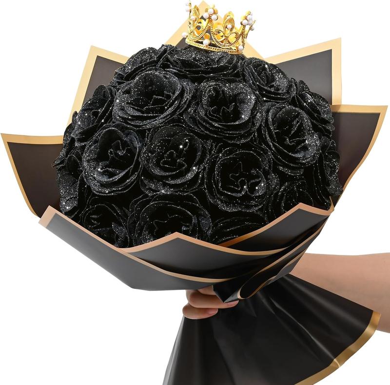 Black Glitter Roses Bouquet, Fake Flowers Bouquet, Everlasting Shiny Artificial Rose Bouquet  Decor Decorative Fruit Plants