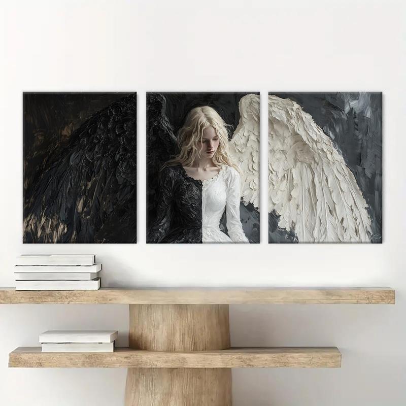 Wooden Framed Canvas Painting, 3 Counts Angel Pattern Wall Art, Modern Wall Decor for Home Living Room Bedroom Office