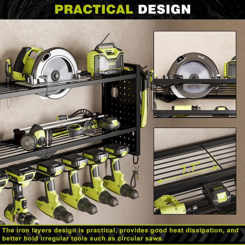 Power Tool Organizer Wall,Cordless Drill Hanger Storage Rack 8 Drill Holder,3 Layers Heavy Duty Tool Storage Rack,Adjustable Shelf Garage Hangable