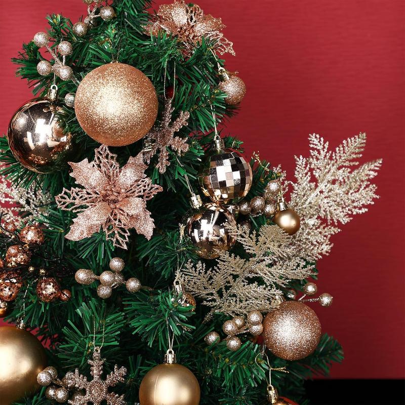 94 Pcs Christmas Tree Decorations Set, Christmas Tree Ball Ornaments Christmas Glitter Poinsettia Flowers Decorations Glitter Berries Stems for Xmas Holiday Wedding(Champagne Gold)