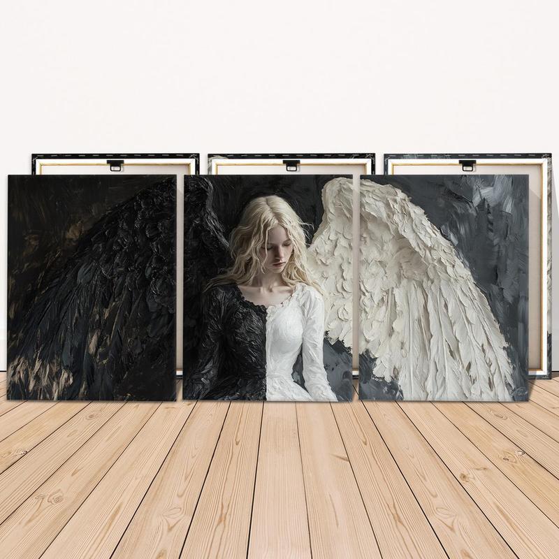 Wooden Framed Canvas Painting, 3 Counts Angel Pattern Wall Art, Modern Wall Decor for Home Living Room Bedroom Office