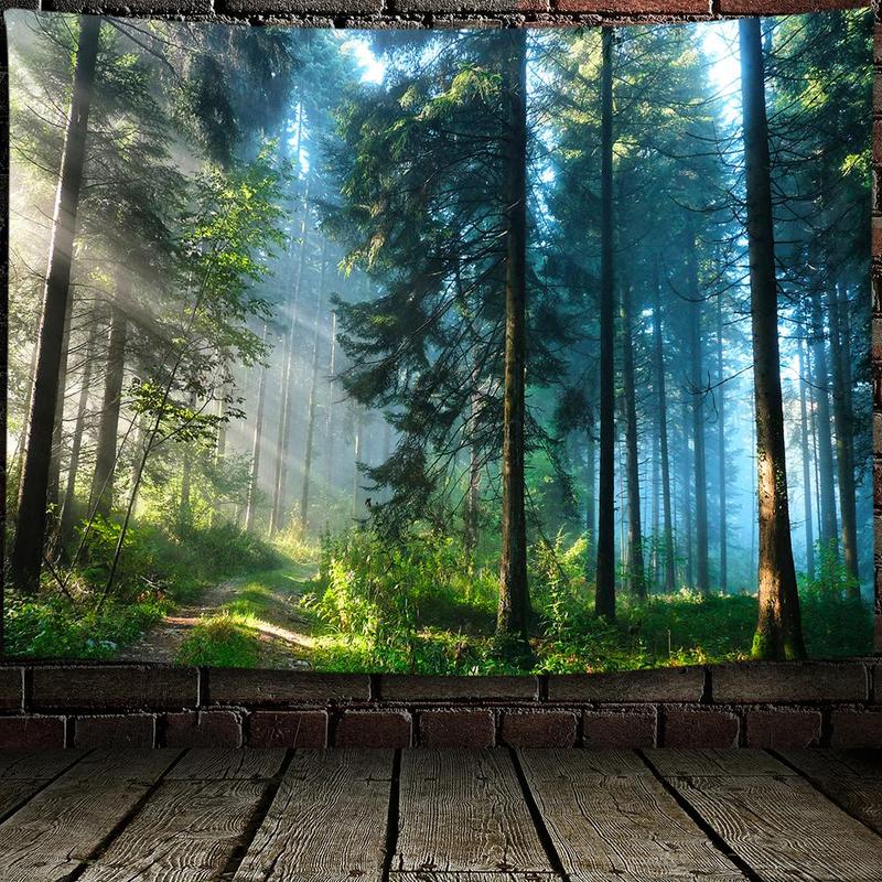 Forest Pattern Tapestry, 1 Count Modern Landscape Wall Hanging Blanket with Installation Accessories for Home Living Room Bedroom Decor