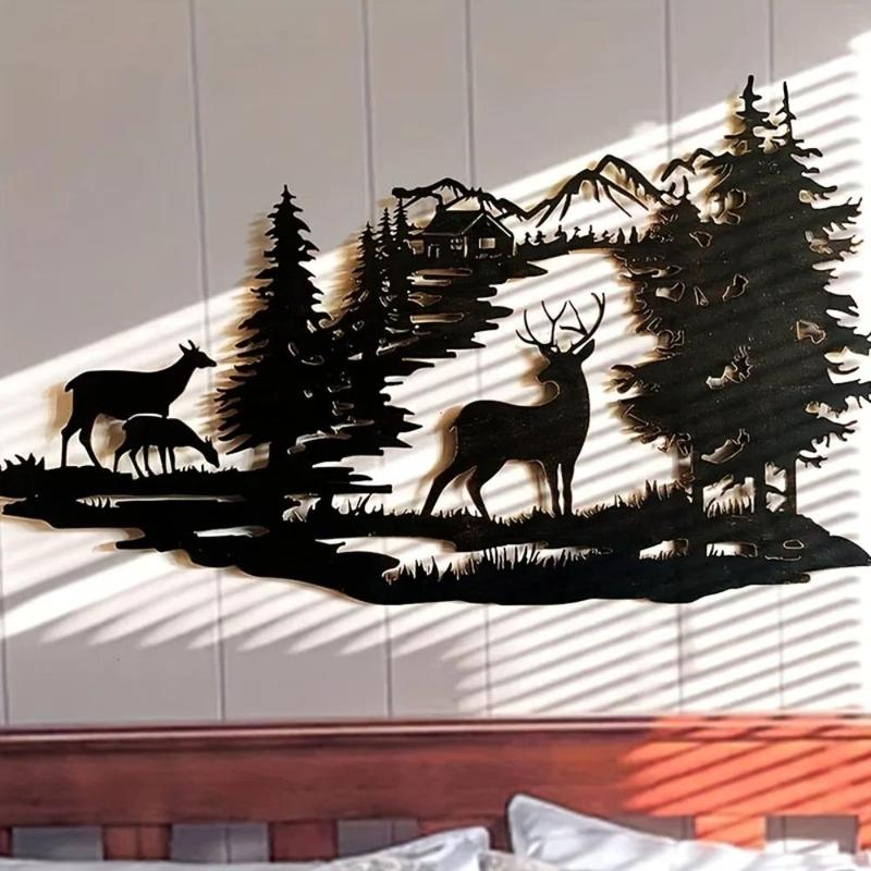 Christmas Deer & Forest Pattern Wall Decor, Modern Simple Iron Wall Art, Wall Hanging Decor for Home Living Room Bedroom Study Room