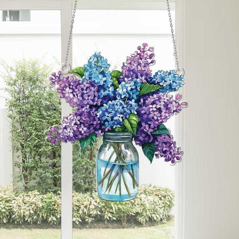 Lilac Bouquet Acrylic Window hanging, Gift For Lilac lovers, Purple lilac, kitchen decoration, gift for grandma, purple flowers Window Decor