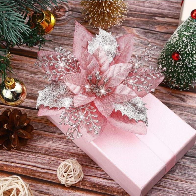 Glittering Christmas Flower Set, 10pcs set Shiny Flower Decoration, Festive Tree & Home Decor for Holiday Season, Home Decor Supplies