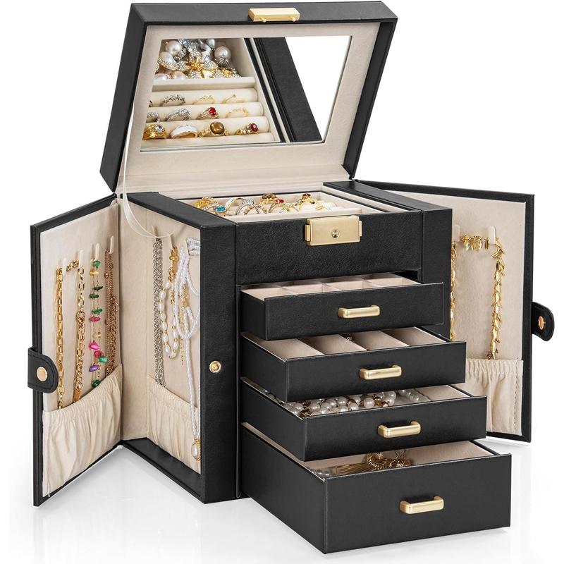 5-Tier Jewelry Box Leather Jewelry Storage Organizer with 4 Drawers Lockable for Women Girls Ring Necklace Earring Bracelet Watches Holder with Mirror Black