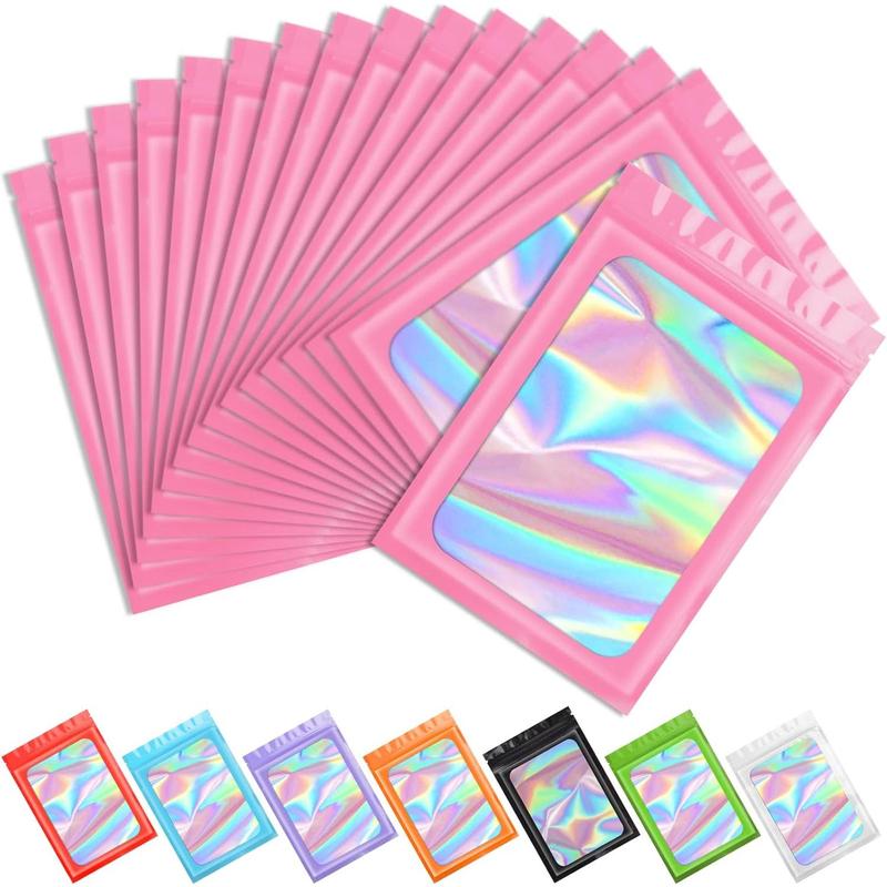 100 Count Mylar Holographic Resealable Odor Proof Foil Pouch Bags for, Lipgloss, Eyelash Packaging - 3x4.7 Inch