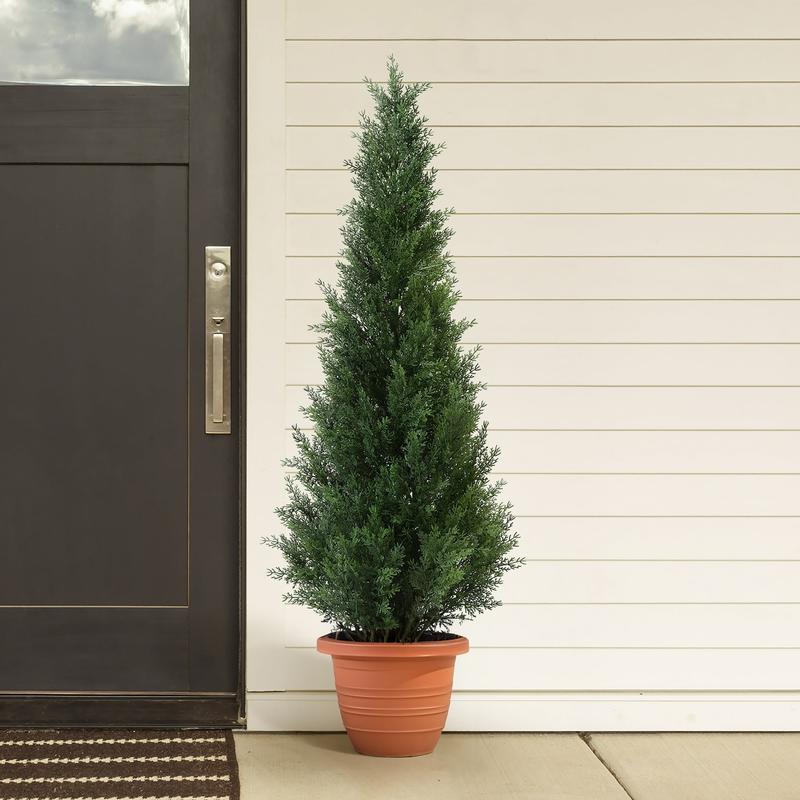 Artificial Cedar Tree 2 Pack Outdoor Artificial Topiary Cedar Plants Fake Tree UV Rated Potted Tree for Perfect Housewarming Gift, Set of 2