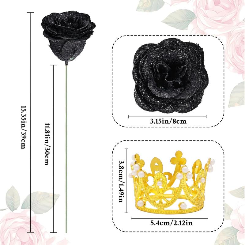 Black Glitter Roses Bouquet, Fake Flowers Bouquet, Everlasting Shiny Artificial Rose Bouquet  Decor Decorative Fruit Plants