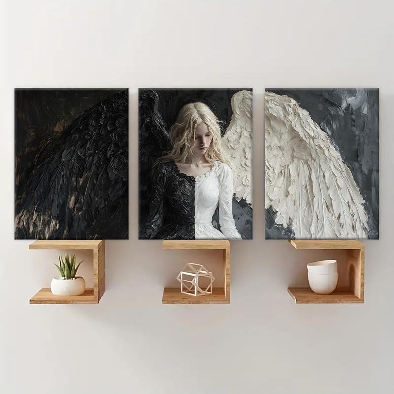 Wooden Framed Canvas Painting, 3 Counts Angel Pattern Wall Art, Modern Wall Decor for Home Living Room Bedroom Office