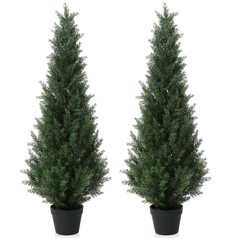 Artificial Cedar Tree 2 Pack Outdoor Artificial Topiary Cedar Plants Fake Tree UV Rated Potted Tree for Perfect Housewarming Gift, Set of 2