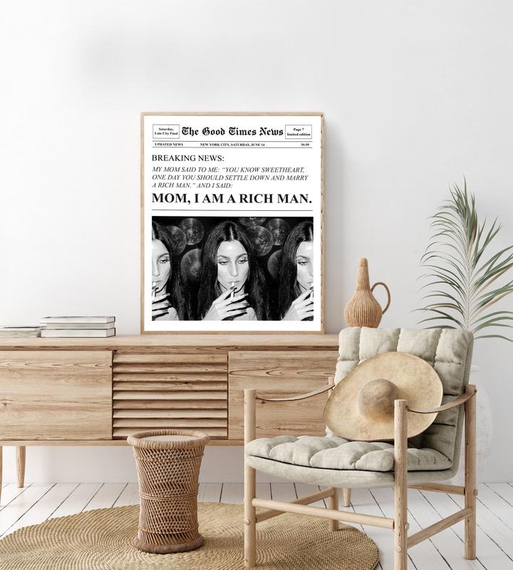 Trendy Newspapers Print Mom I Am a Rich Man Cher Quote Poster Retro Bar Cart Feminist Wall Art Magazine Cover Aesthetic New York News_ The New York News Poster_ Headline Wall Art_ Retro Girly Decor_ Fashion Poster_ Retro Trendy Newspaper Poster